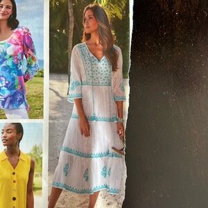 Soft Surroundings dress and embroidery 100% cotton with 100% polyester lining.